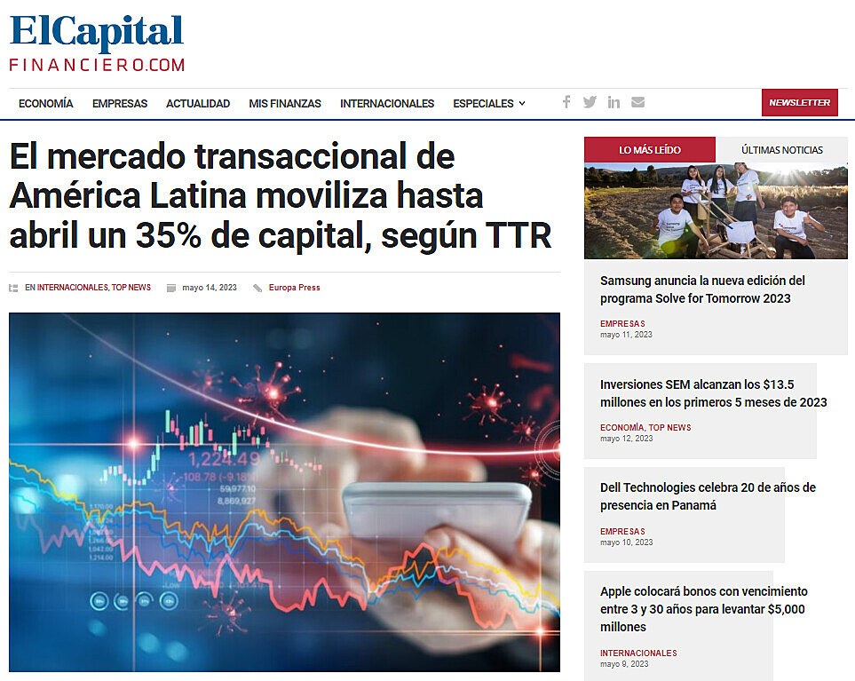 El mercado transaccional de Amrica Latina moviliza hasta abril un 35% de capital, segn TTR